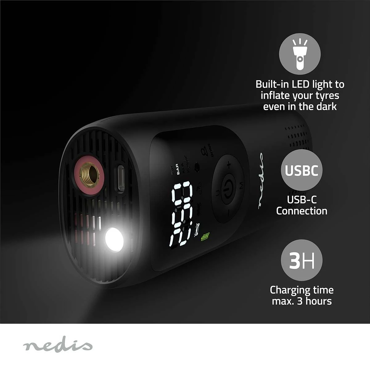 Nedis PAAC10BK Oplaadbare Luchtcompressor - Afbeelding 4